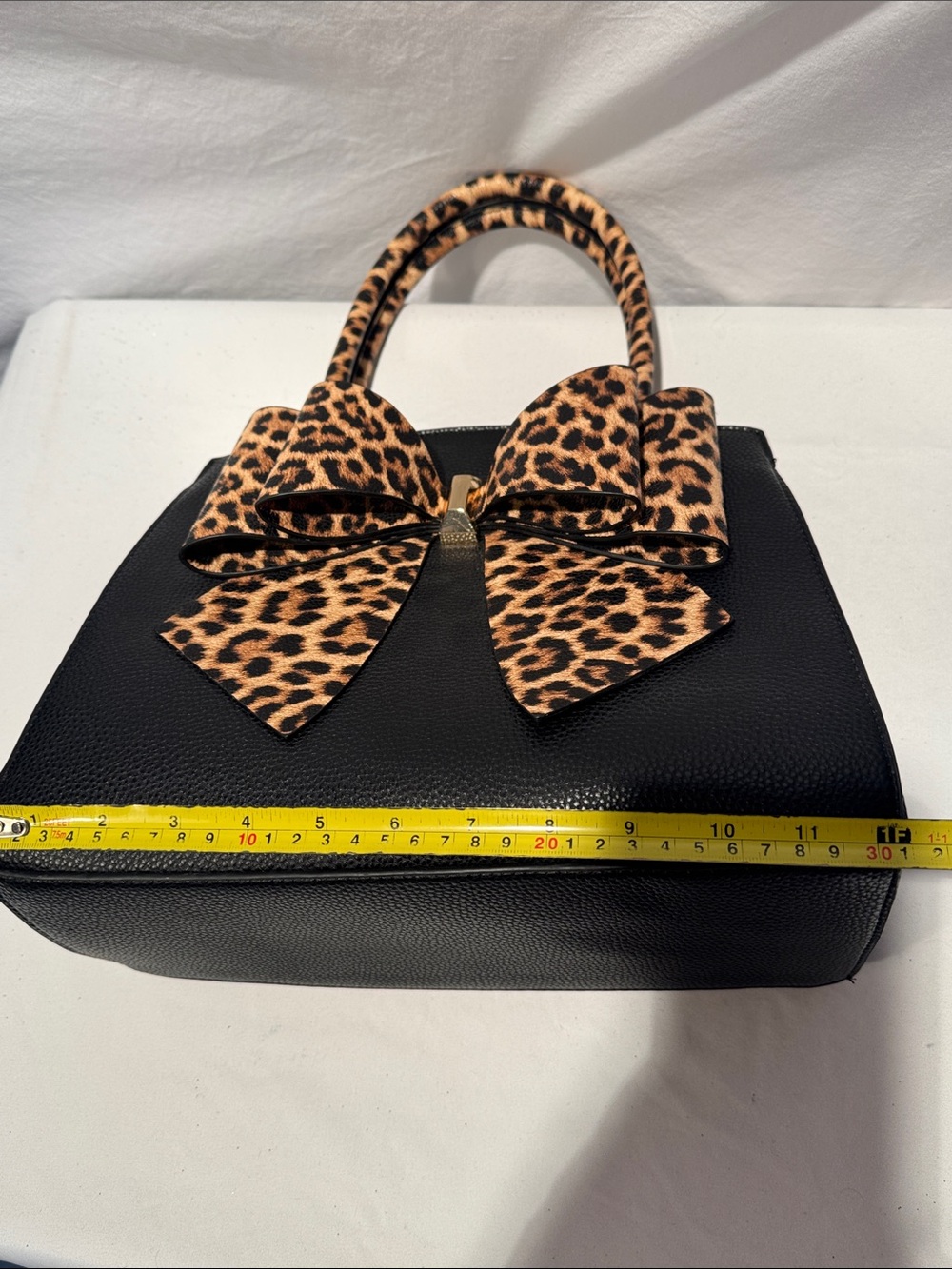 Black Satchel with Leopard Bow Accent - Picture 8 of 15